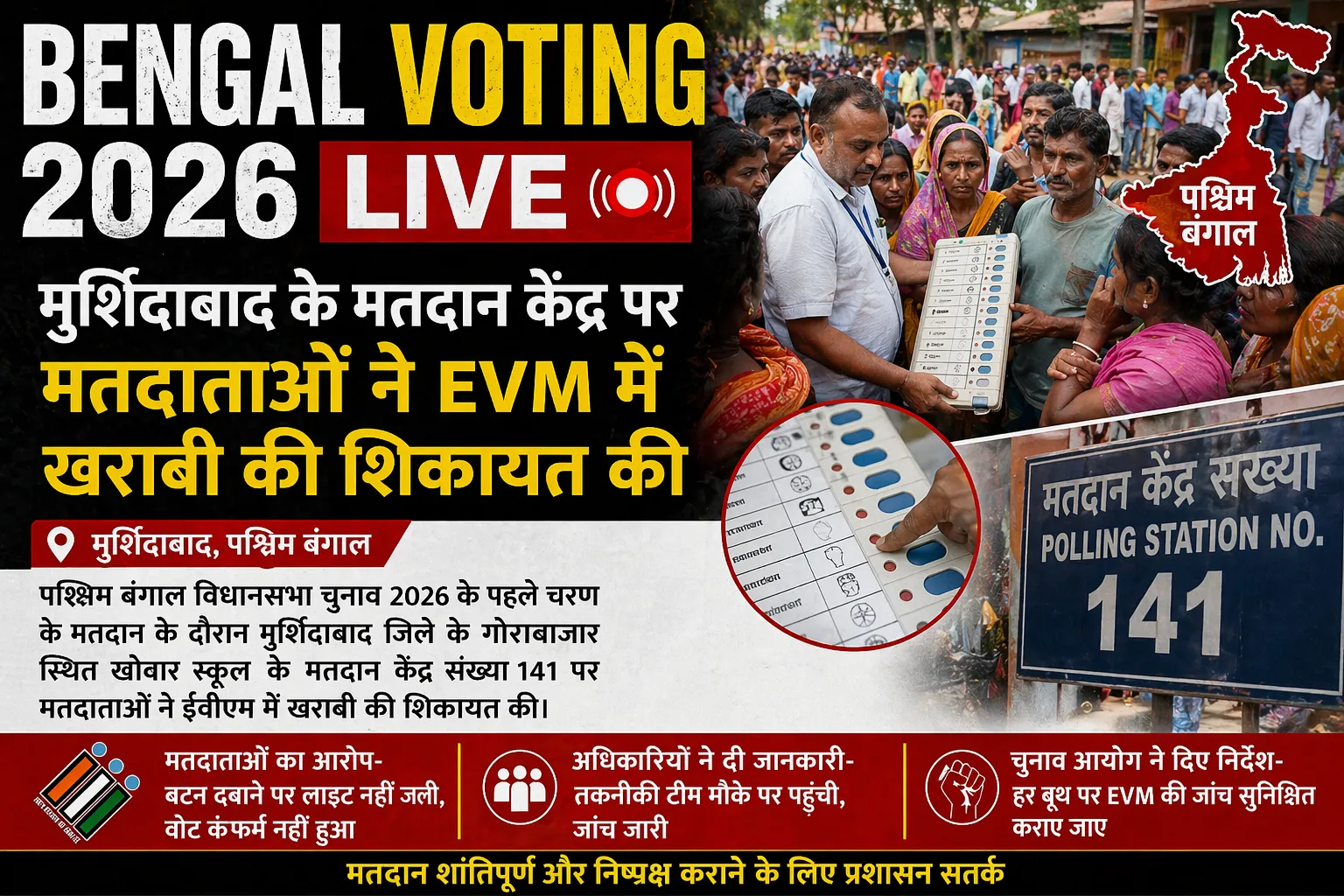 Bengal Voting 2026 Live: मुर्शिदाबाद के बूथ पर ईवीएम खराबी की शिकायत, मतदान कुछ देर बाधित