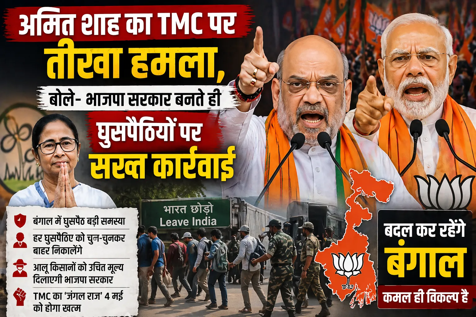 बंगाल चुनाव 2026: अमित शाह का TMC पर तीखा हमला, बोले- भाजपा सरकार बनते ही घुसपैठियों पर सख्त कार्रवाई