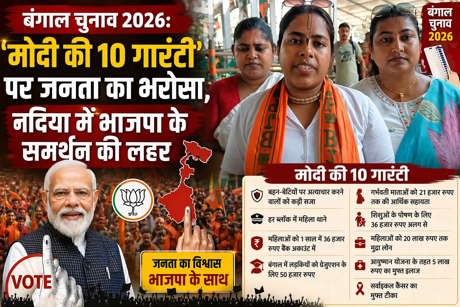 बंगाल चुनाव 2026: ‘मोदी की 10 गारंटी’ पर जनता का भरोसा, नदिया में भाजपा के समर्थन की लहर