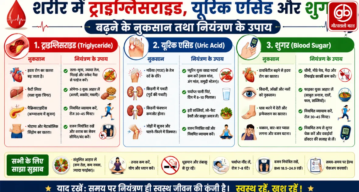 शरीर में ट्राइग्लिसराइड, यूरिक एसिड और शुगर बढ़ने के नुकसान तथा नियंत्रण के उपाय