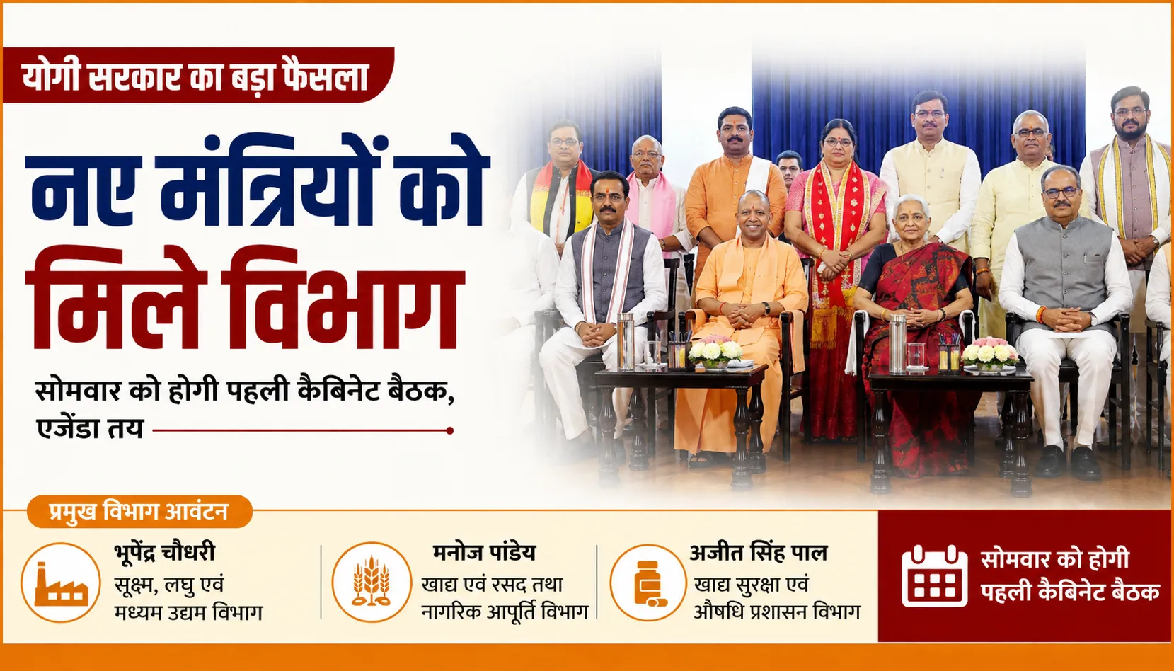 योगी सरकार के नए मंत्रियों को विभाग आवंटित, पहली कैबिनेट बैठक सोमवार को