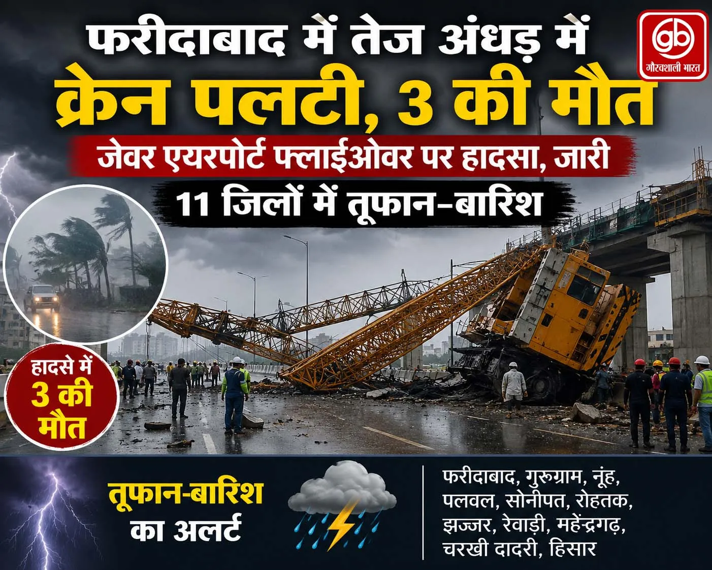 फरीदाबाद में तेज अंधड़ से पलटी क्रेन, 3 मजदूरों की मौत