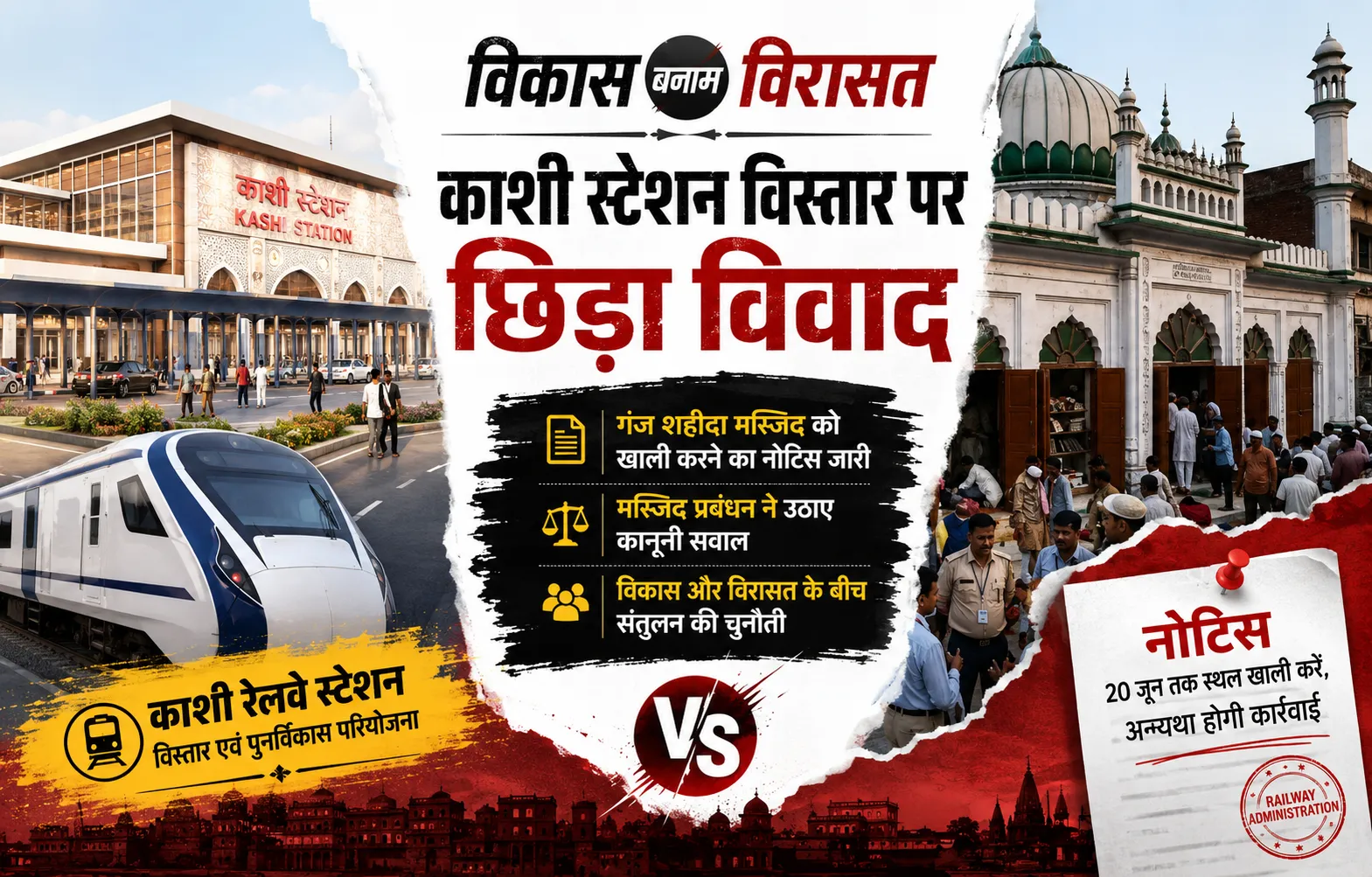 काशी स्टेशन विस्तार परियोजना पर बढ़ा विवाद: गंज शहीदा मस्जिद को खाली करने का नोटिस, कानूनी लड़ाई की तैयारी