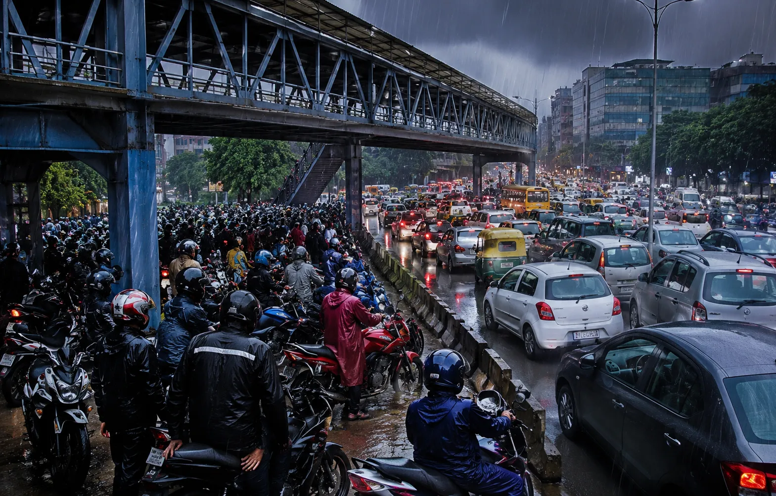 नोएडा में बारिश से बचने को फुटओवर ब्रिज के नीचे खड़ी बाइकें, घंटों लगा जाम